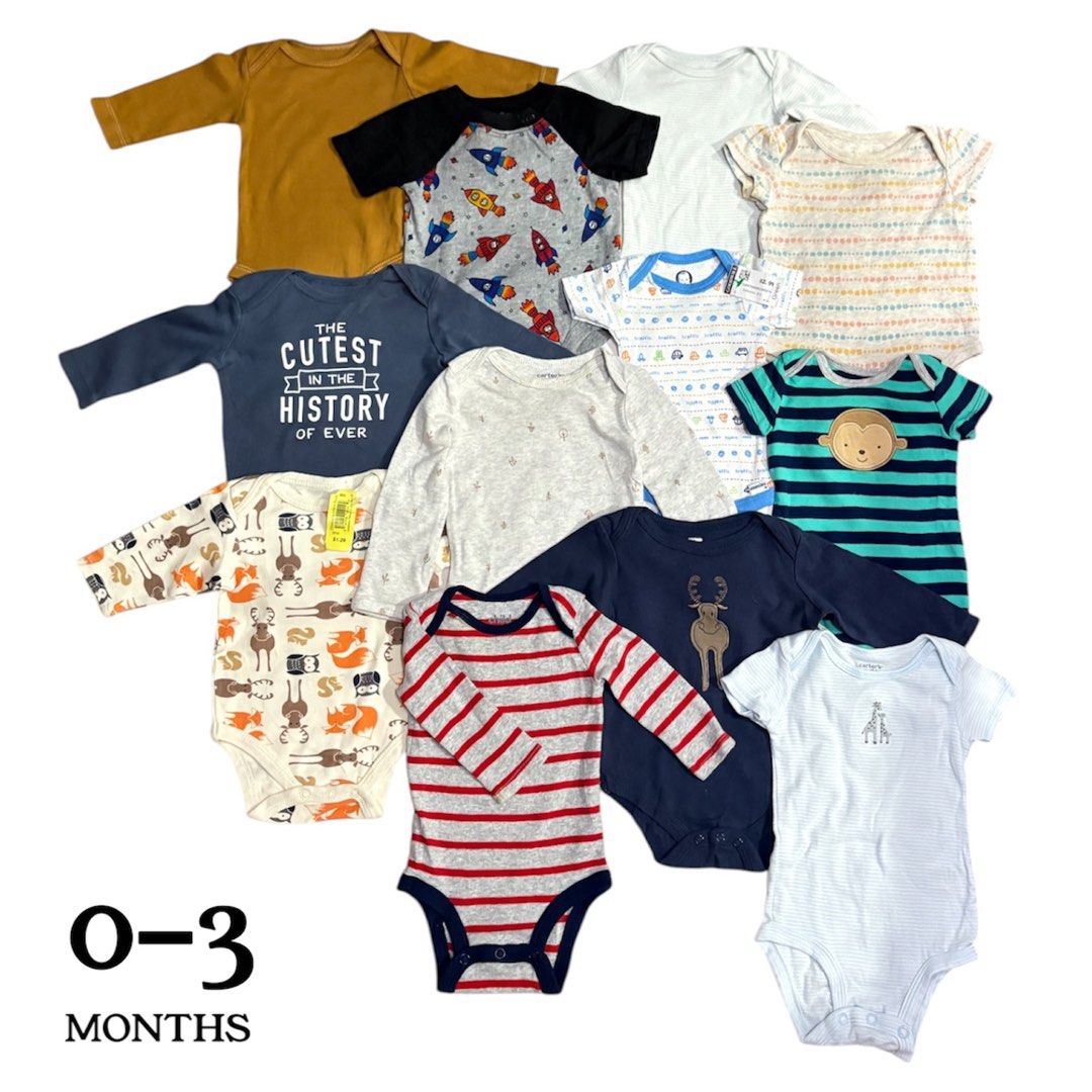 12PCS Baby Bodysuits 0-3 Months Bundle Set (Category: Babies & Kids Fashion) located in Manila. Submitted by aishaquilalan (Listing ID 1465970957, Image 1). Description: - 12pcs TAKE ALL - Size: 0-3 Months - Brands: Carter's and Gerber - Variety: Assorted cute prints (animals, vehicles, stripes) and solid colors - Sleeves: Mix of long and short sleeve options - Material: Soft 100% cotton fabric - Features: Convenient bottom snap closures for easy