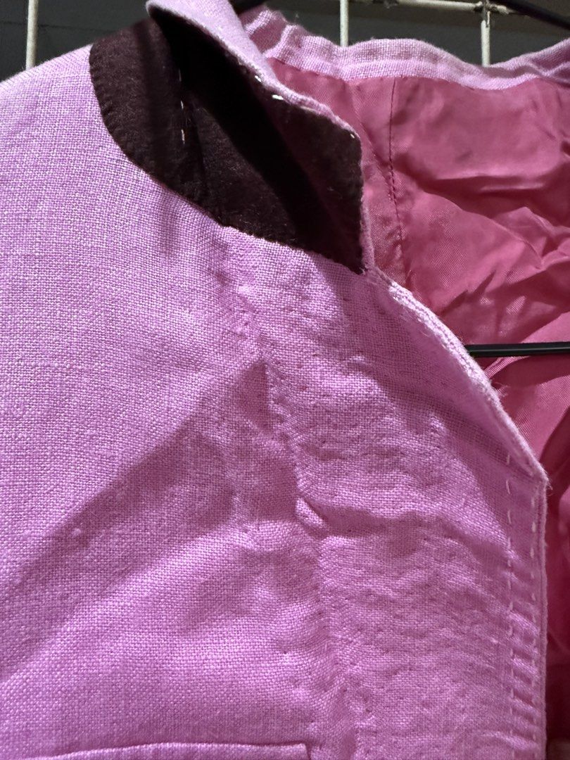 Baird McNutt Irish Linen Pink Blazer Jacket (Category: Coats, Jackets and Outerwear) located in Quezon City. Submitted by nsseller (Listing ID 1466095764, Image 2). Description: - Material: Premium Baird McNutt Irish linen with a distinctive textured weave - Color: Bright pink with contrast dark brown under-collar detail - Closure & Buttons: Two-button closure with stylish dark buttons - Pockets: Four front flap pockets plus interior pockets - Li