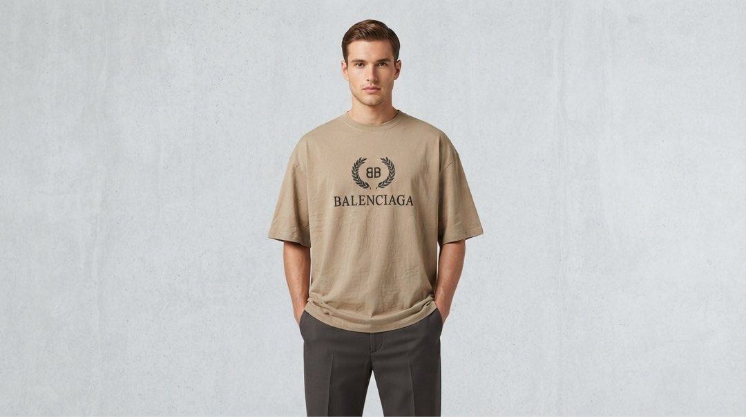 Balenciaga Laurel Wreath Logo Tee Brown Medium (Category: Luxury Apparel) located in Manila. Submitted by christian048 (Listing ID 1466096633, Image 1). Description: - Brand: Balenciaga - Color: Brown with black logo - Design: Large laurel wreath print on chest - Fit: Oversized with drop shoulders - Size: Medium (tag on collar) - Material: 100% Cotton - Origin: Made in Portugal - Condition: Minor wrinkling from storage, needs a quick iron or stea