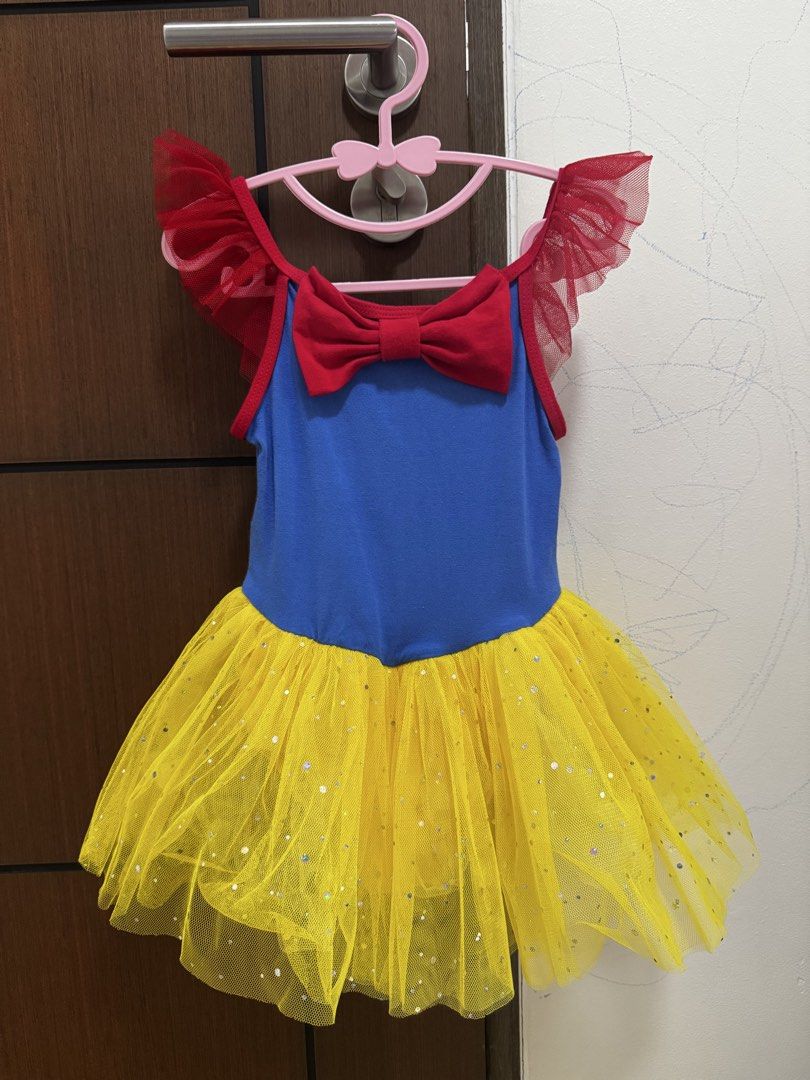 BALLET DRESS- SNOW WHITE THEME (Category: Babies & Kids Fashion) located in Quezon City. Submitted by amvilaine (Listing ID 1466028433, Image 1). Description: ✨ Used ONCE only 💙💛 Beautiful Snow White-inspired design 🎀 Red bow + ruffle sleeves ✨ Sparkly yellow tulle skirt 👗 Size: 100 💰 ₱400 only! Perfect for ballet class, recital, costume, or school events. 💕 📌 Preloved but in good condition 📦 Shipping available / first payment basis.