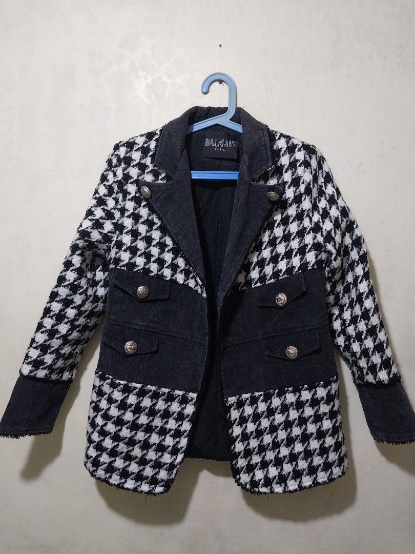 Balmain Paris Black and White Houndstooth Denim blazer jacket (Category: Coats, Jackets and Outerwear) located in Manila. Submitted by PrinceDani.Clothing (Listing ID 1466142822, Image 3). Description: balmain houndstooth denim blazer jacket Medium 18in width 25in length excellent condition .
