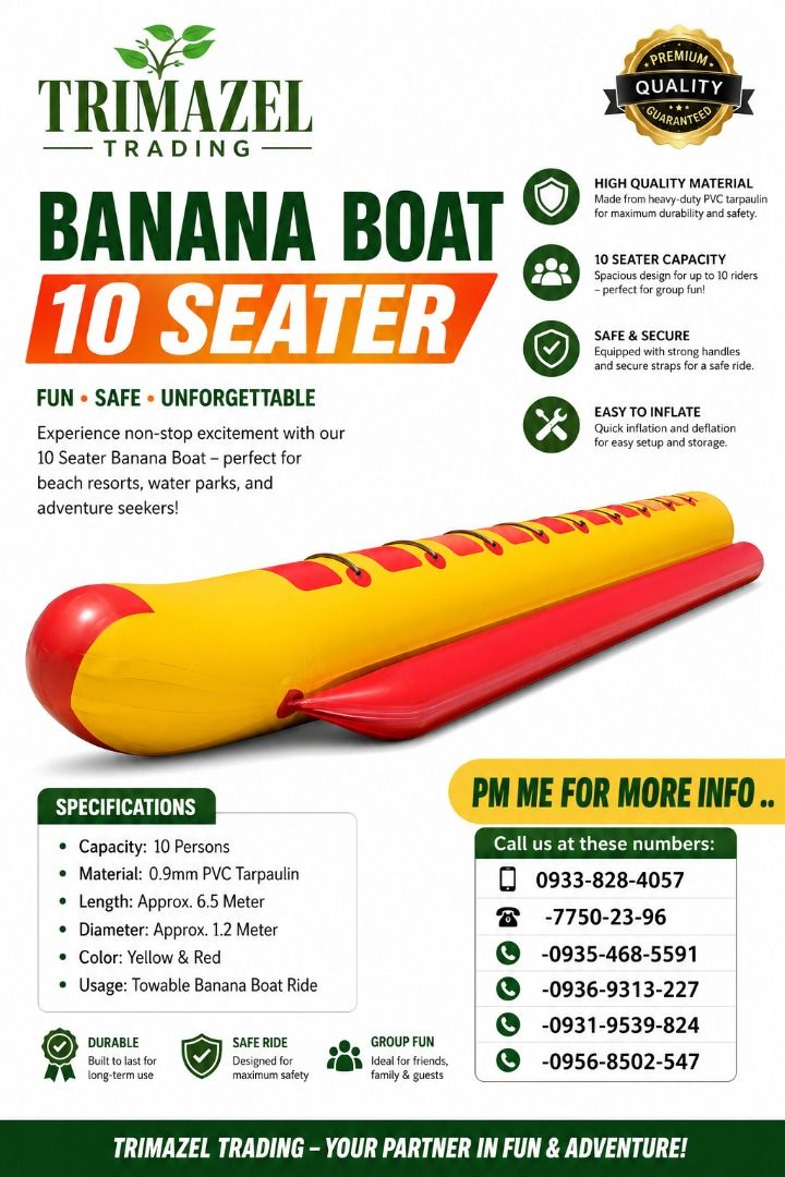 banana boat (Category: Water Sports) located in Quezon City. Submitted by irishbayaban20 (Listing ID 1466027975, Image 1). Description: ✅ Guaranteed lowest price ✅ Quality products ✅ 100% LEGIT TRUSTED SUPPLIER! ✅ With Complete Legal Documents ✅ BIR Registered We Supply All Kinds Of PPE Supplies, Raincoat, Hard Hat, Cooler Box, Plastic Trash Bin, Road Barriers, Kayak Boats, Crystal Kayak, Traffic Cone, T-Bollards & All Kinds Of Safety Shoes. Open