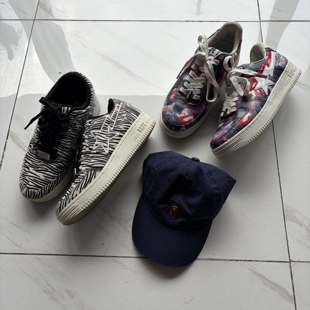 Bape Bapesta Bundle Shoes Free Hat All Authentic (Category: Sneakers) located in Manila. Submitted by stablesource (Listing ID 1466055085, Image 2). Description: Bapesta Zebra Mohair Shoes Size 8 Needs Cleaning Sign of Usage Bape x Ghost Buster Camo Shoes Size 8.5 Excellent Kindly DM me for Detailed Photo🤝.