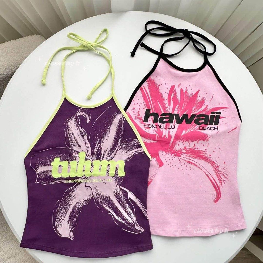Bershka Graphic Halter Top Tulum Y2K Style (Category: Sleeveless) located in Manila. Submitted by __ericamartinez (Listing ID 1466072813, Image 1). Description: Bershka Halter top (Tulum graphic) Rfs: di pala kasya sakin :(.