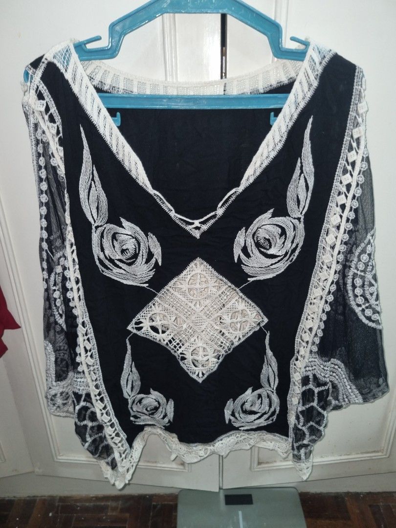 Black and White Lace Embroidered Mesh Blouse (Category: Blouses) located in Manila. Submitted by funbagslove (Listing ID 1465979977, Image 2). Description: can wear as blouse or beach cover up free size can fit till large.