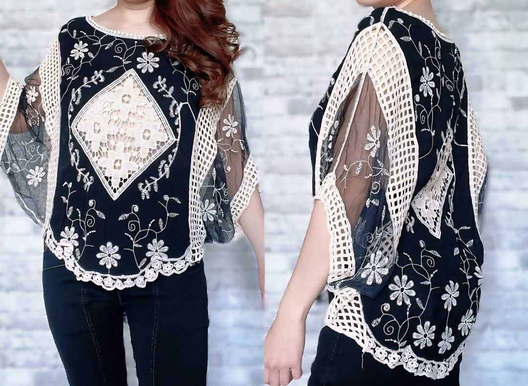 Black and White Lace Embroidered Mesh Blouse (Category: Blouses) located in Manila. Submitted by funbagslove (Listing ID 1465979977, Image 1). Description: can wear as blouse or beach cover up free size can fit till large.