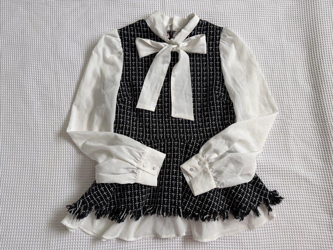 Black and White Tweed Bow Blouse (Category: Blouses) located in Baguio. Submitted by blnxxx (Listing ID 1466108054, Image 2). Description: GRL Dress Top Brand new.