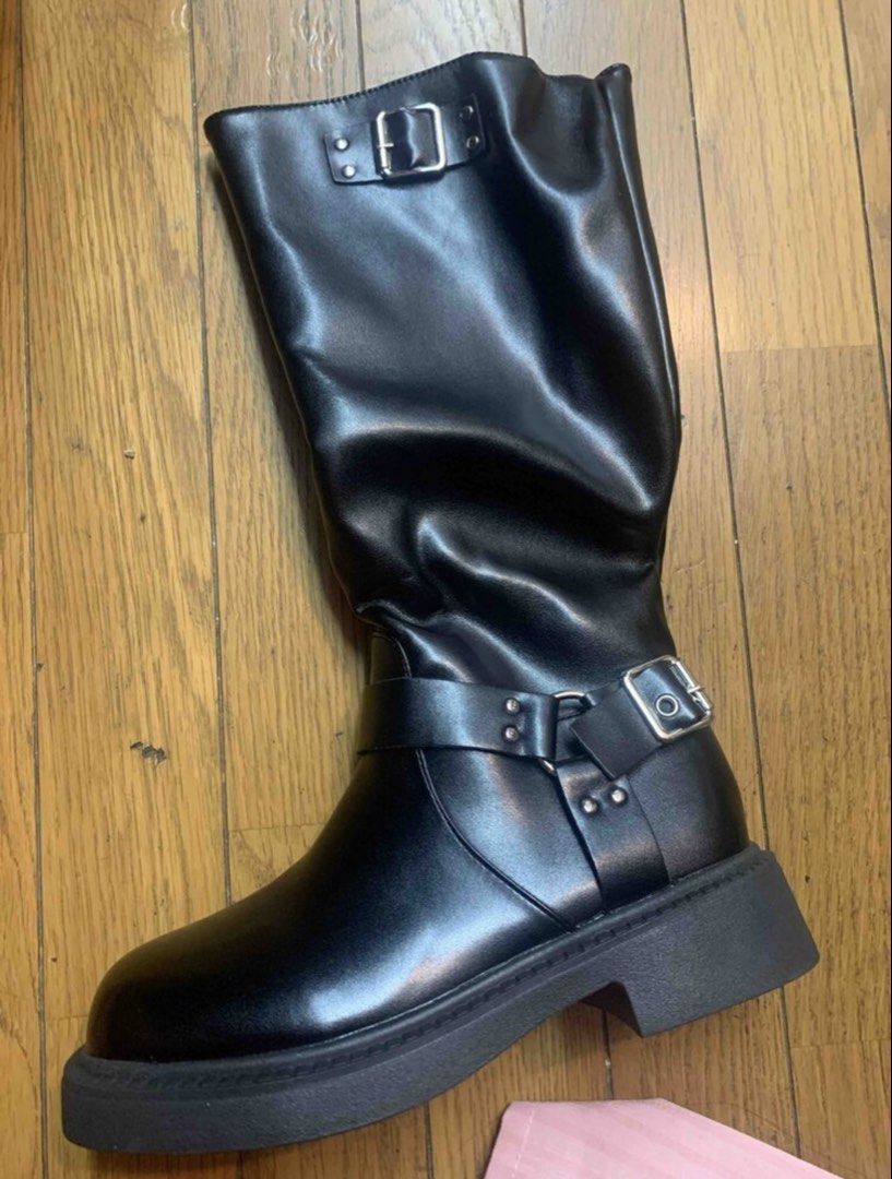Black Boots with Buckle Detail (Category: Boots) located in Subic. Submitted by jujucndy (Listing ID 1465971007, Image 2). Description: SIZE 35-36 - Color: Black - Style: Mid-calf slouchy boots with easy slip-on fit - Details: Silver buckle hardware on straps and upper collars.