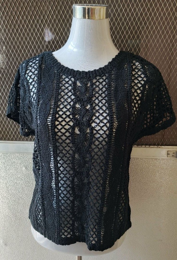Black Crocheted Short Sleeve Blouse Open Knit Top (Category: Blouses) located in Cebu City. Submitted by violacloset (Listing ID 1466095965, Image 1). Description: Measurements: length: 21 1/2 width: 19.