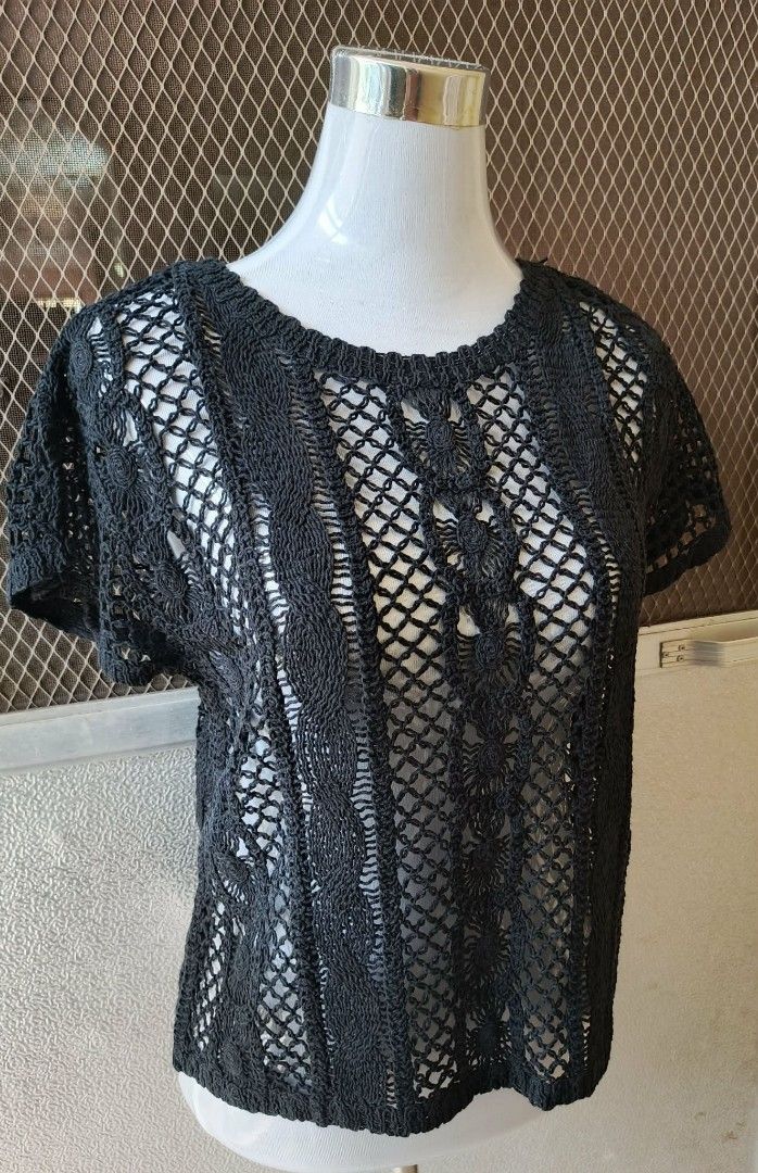 Black Crocheted Short Sleeve Blouse Open Knit Top (Category: Blouses) located in Cebu City. Submitted by violacloset (Listing ID 1466095965, Image 2). Description: Measurements: length: 21 1/2 width: 19.