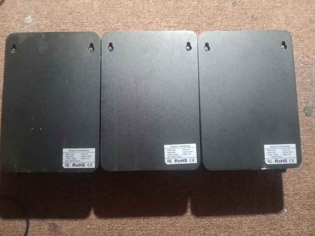 Black electronic scent diffuser set of 3 units take all:1,500 (Category: Home Fragrance) located in Caloocan City. Submitted by gelo09990 (Listing ID 1466128006, Image 3). Description: - Quantity: Set of 3 units - Color/Finish: Sturdy matte black plastic casing - Design: Features top metal nozzle attachments and convenient keyhole slots on the back for easy wall hanging - Certifications: Includes technical spec labels with FCC, RoHS, and CE certi