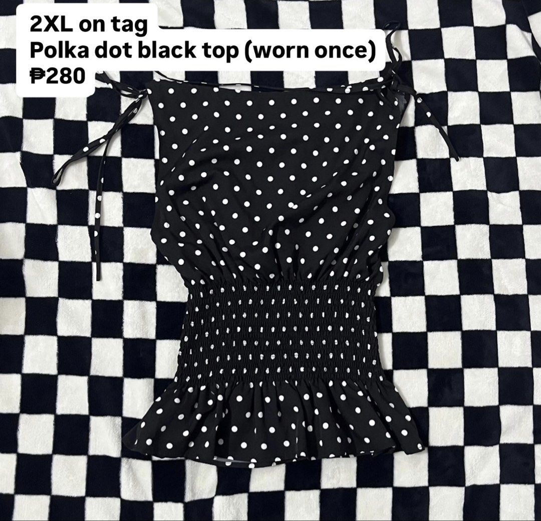 Black polka dot top 2XL (Category: Sleeveless) located in Tagum. Submitted by reijaann (Listing ID 1466144981, Image 1). Description: Plus Size Preloved Decluttering! 🩷🧚‍♀️ 📌 Price + sf 📌 MOP: maribank / gcash 📌 MOD: J&T 📌 PAYO (pay as you order) 📌NO COD (no 🍊/tt checkout) 📌NO CANCELLATION ONCE PAID 📍 Location: Tagum City, Davao del Norte.