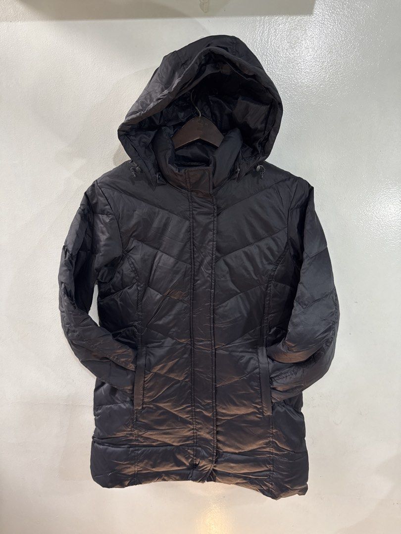 Black Waterproof Winter Jacket with detachable hood (Category: Coats, Jackets and Outerwear) located in Quezon City. Submitted by dropdeadprices (Listing ID 1466022111, Image 1). Description: - Color: Black - Pattern: Chevron stitching across chest and back - Material: Water-resistant - Features: Built-in hood, front pockets, and zip front with protective flap - Length: Mid-length for extra coverage against the cold 32 inches long x 20 inches wid