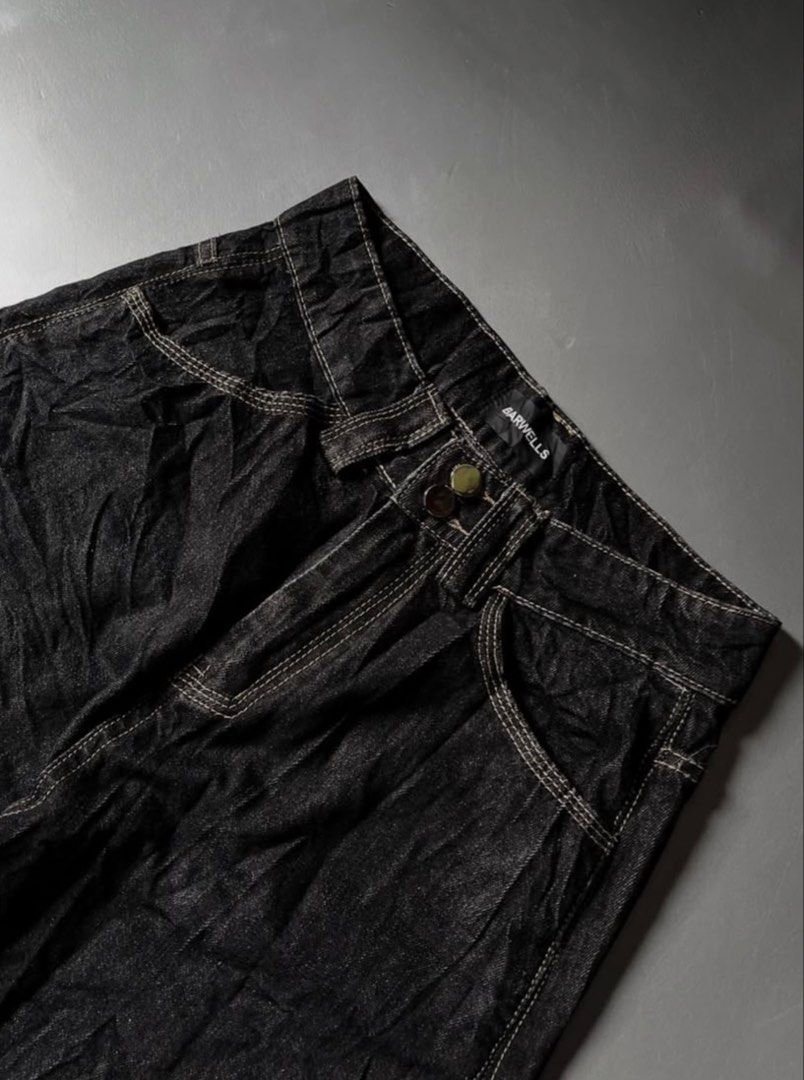 BLACK RAW DENIM BAGGY PANTS (Category: Jeans) located in Bacolod City. Submitted by thriftclothes_777 (Listing ID 1466081234, Image 2). Description: MEASUREMENTS INCHES waist: 28 length: 41 thigh: 14 hem: 11 condition: 10/10 issue: none already washed.
