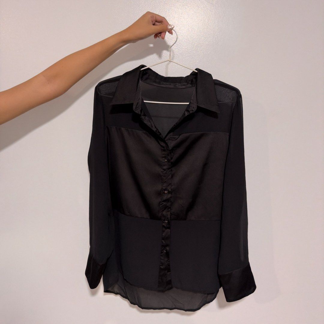 black satin button down (Category: Longsleeves) located in Cebu City. Submitted by cuteoncue (Listing ID 1466146685, Image 2). Description: small-med.