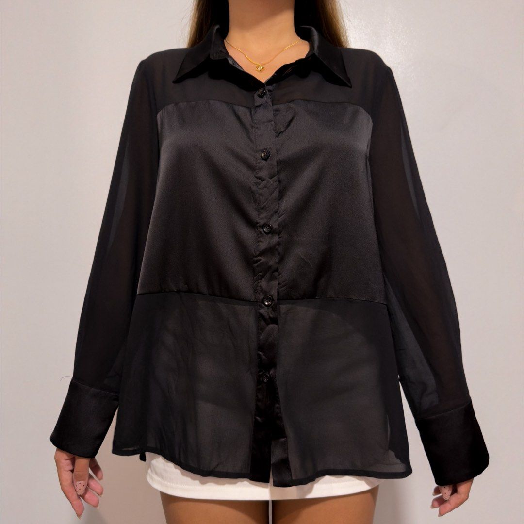 black satin button down (Category: Longsleeves) located in Cebu City. Submitted by cuteoncue (Listing ID 1466146685, Image 3). Description: small-med.