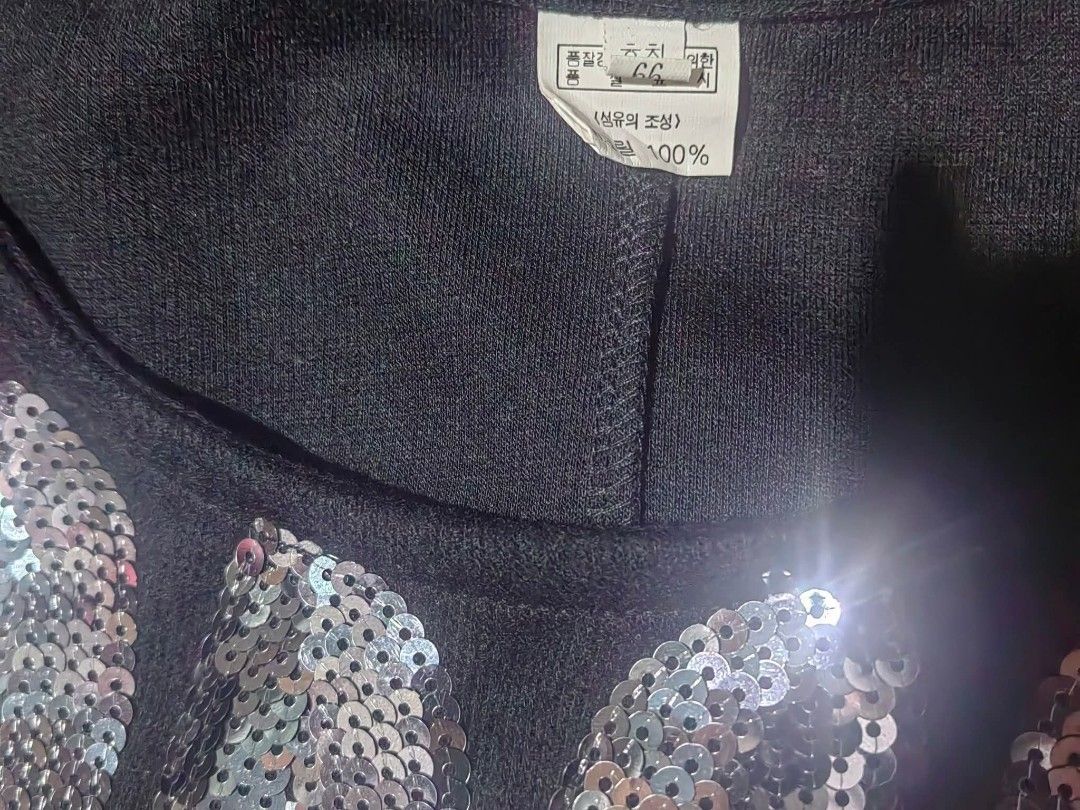 Black short-sleeve top with silver sequin collar detailing (Category: Blouses) located in Donsol. Submitted by saksthriftavenuebyluckymaria8 (Listing ID 1466093156, Image 2). Description: - Color: Black - Style: Short-sleeve knit top - Details: Silver sequin and bead neckline embellishments with snowflake and circular chest patterns - Size: 66 - Material: Soft and breathable fabric - Condition: Excellent, ready to wear This is a black short-sleev