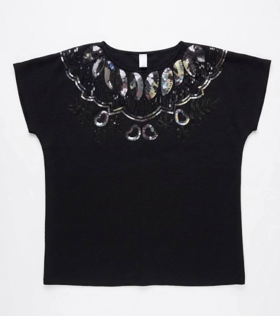 Black short-sleeve top with silver sequin collar detailing (Category: Blouses) located in Donsol. Submitted by saksthriftavenuebyluckymaria8 (Listing ID 1466093156, Image 1). Description: - Color: Black - Style: Short-sleeve knit top - Details: Silver sequin and bead neckline embellishments with snowflake and circular chest patterns - Size: 66 - Material: Soft and breathable fabric - Condition: Excellent, ready to wear This is a black short-sleev