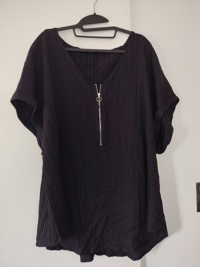 Black V-Neck Top with Front Zipper (Category: Blouses) located in Manila. Submitted by wisepenguin.89f414 (Listing ID 1466069729, Image 1). Description: - Color: Black - Fit: Oversized with relaxed drop shoulders and rolled cuffs - Fabric: Textured pleated fabric with a nice drape - Details: V-neckline with a metal ring front zip - Styling: Easy to pair with jeans or shorts.
