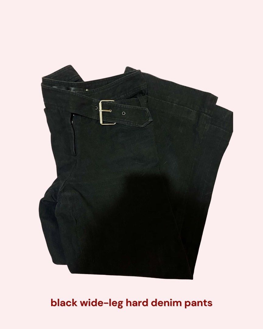 Black Wide Leg Hard Denim Pants (Category: Jeans) located in Siniloan. Submitted by klo.zettefinds (Listing ID 1465964989, Image 1). Description: - hard denim - high quality fabric - best fits 27-28 waist - thrifted .
