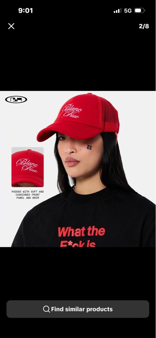 Blanc Nue Red Trucker Cap (Category: Caps & Hats) located in Taytay. Submitted by flrs_pau (Listing ID 1466091689, Image 1). Description: - Brand/Model: Blanc Nue trucker cap - Color: Bright red with white cursive embroidery on the front - Comfort: Soft padding and cushioning on the front panel and brim - Breathability: Mesh back panels for maximum airflow - Fit: Adjustable snapback closure for a custom fit.
