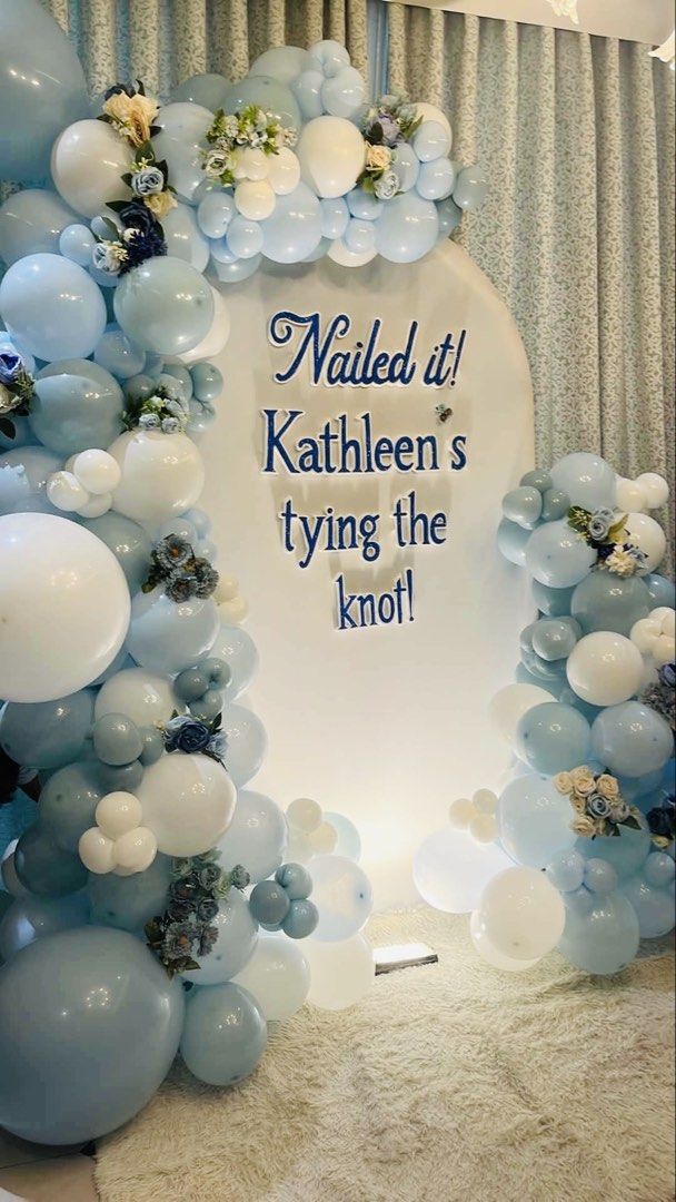 Blue and white balloon arch setup with arch backdrop (Category: Occasions & Party Supplies) located in Quezon City. Submitted by kristinecarranza (Listing ID 1466091845, Image 2). Description: - Stunning balloon party arch setup - Accented with elegant roses - Includes rounded backdrop panel with custom lettering - Ideal for engagement parties, bridal showers, birthdays and weddings - Perfect photo backdrop to make your celebration special .
