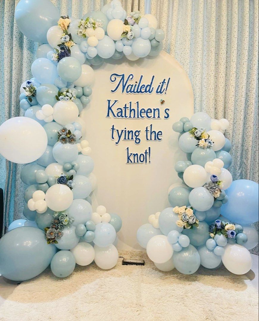 Blue and white balloon arch setup with arch backdrop (Category: Occasions & Party Supplies) located in Quezon City. Submitted by kristinecarranza (Listing ID 1466091845, Image 1). Description: - Stunning balloon party arch setup - Accented with elegant roses - Includes rounded backdrop panel with custom lettering - Ideal for engagement parties, bridal showers, birthdays and weddings - Perfect photo backdrop to make your celebration special .