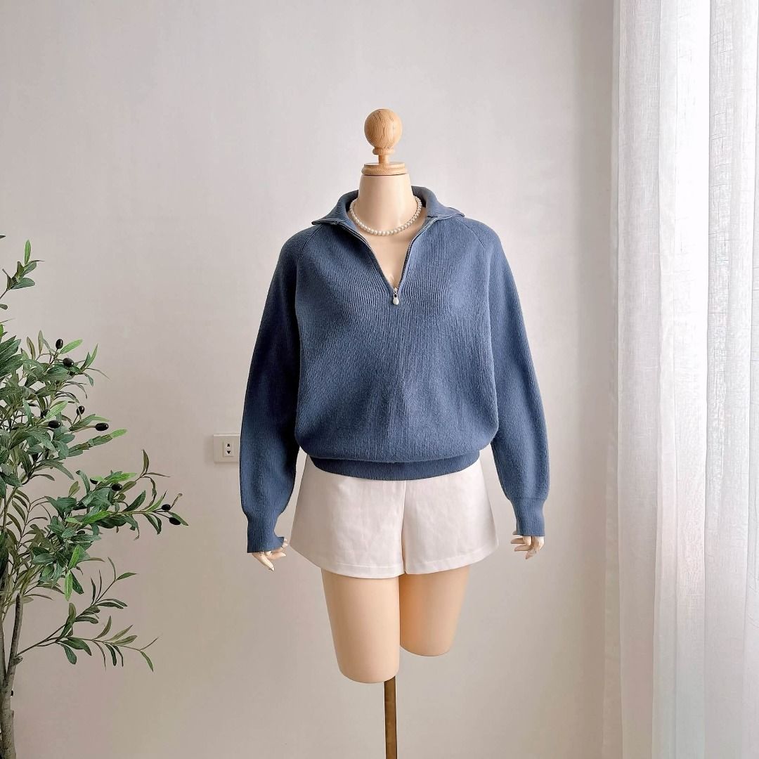 Blue Knit Quarter Zip Pullover Sweater (Category: Coats, Jackets and Outerwear) located in Bulacan. Submitted by thevintagecorner (Listing ID 1466102613, Image 1). Description: - Color: Blue - Color rate: 10/10 - Style: Quarter-zip collar knit sweater - Details: Ribbed cuffs and hem - Material: Soft textured knit fabric - Fit: Easy to style for cooler days - Condition: GOOD AS NEW.