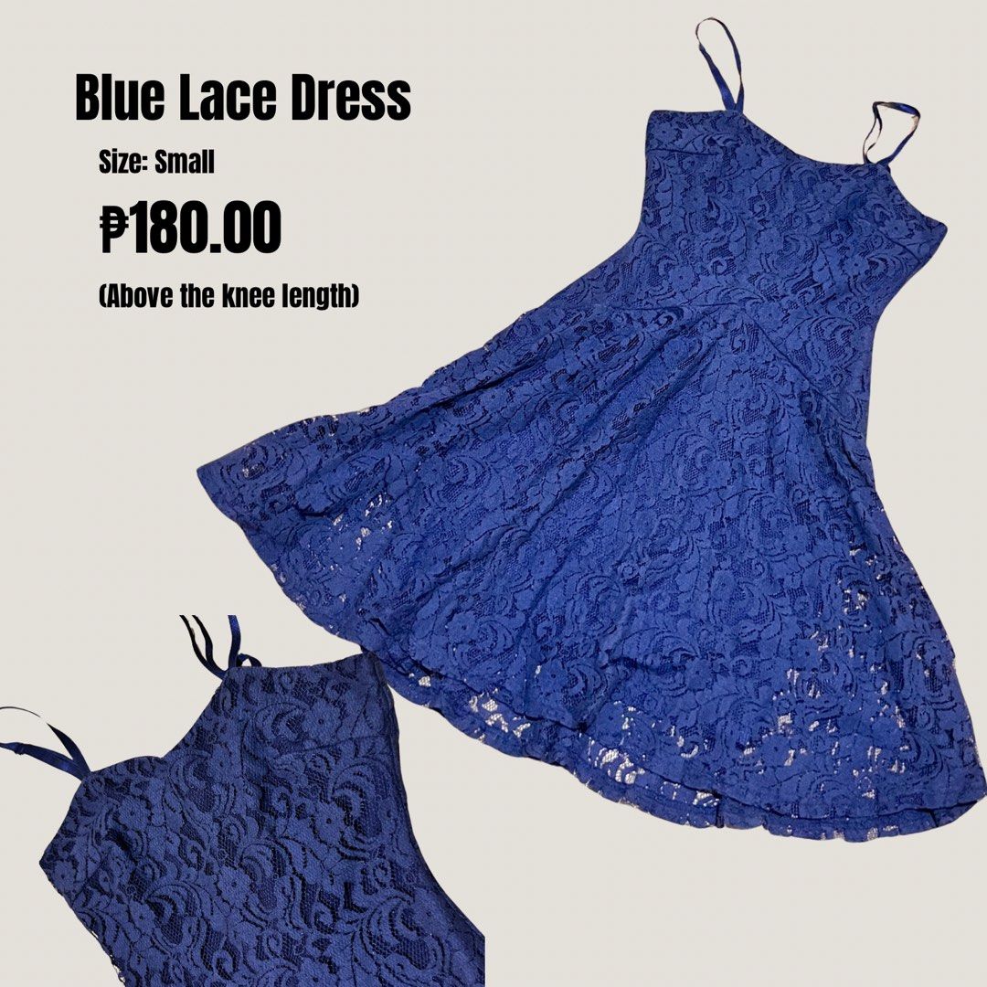 Blue Lace Dress Size Small (Category: Dresses) located in Quezon City. Submitted by declutter_mythings (Listing ID 1466147881, Image 1). Description: Blue lace dress in a small size. Above the knee length design with thin straps and a flared skirt. Rich blue lace pattern covers the entire piece. Simple pull-on style..