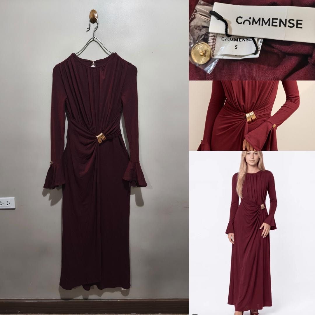 BNWT COMMENSE DRAPED WITH GOLD TONED HARDWARE LONG DRESS (Category: Evening dresses & gowns) located in Quezon City. Submitted by fashionblvdph02 (Listing ID 1465961876, Image 1). Description: BNWT small on tag; fits up to large waist 26-34”; length 56” stretchable with back button lock SUPER CLASSY WHEN WORN.