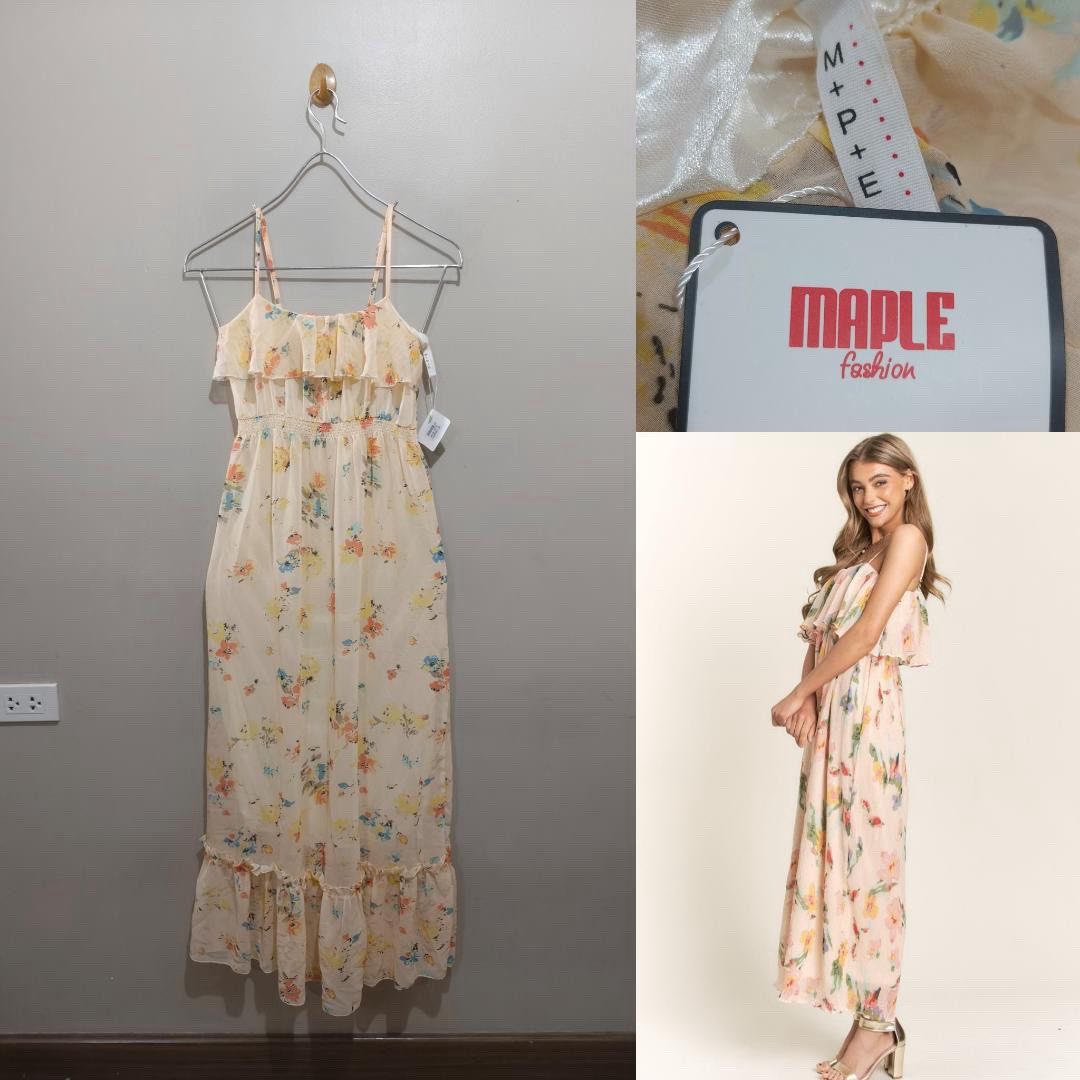 BNWT MAPLE RUFFLED BODICE SPAGHETTI STRAPS MAXI DRESS (Category: Dresses) located in Quezon City. Submitted by fashionblvdph02 (Listing ID 1465981659, Image 1). Description: fits med to large waist 25-36”; length 53” gathered waist with adjustable straps CLASSY and comfy when worn.