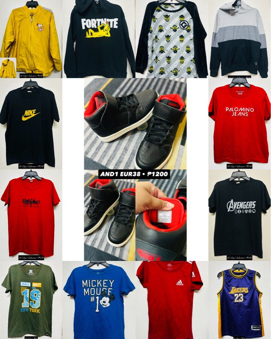 Boys Clothes and AND1 Shoes Bundle (Category: Babies & Kids Fashion) located in Marilao. Submitted by sofiesabie (Listing ID 1465956506, Image 1). Description: - Massive bundle of kids' clothes and shoes for ages 8-12 years old - Includes branded tops: Nike, Adidas, Mossimo, Palomino Jeans, Avengers, and Mickey Mouse - Features cozy hoodies (Fortnite, Snoopy) and a Lakers jersey - Includes AND1 high-top sneakers in EUR 38.