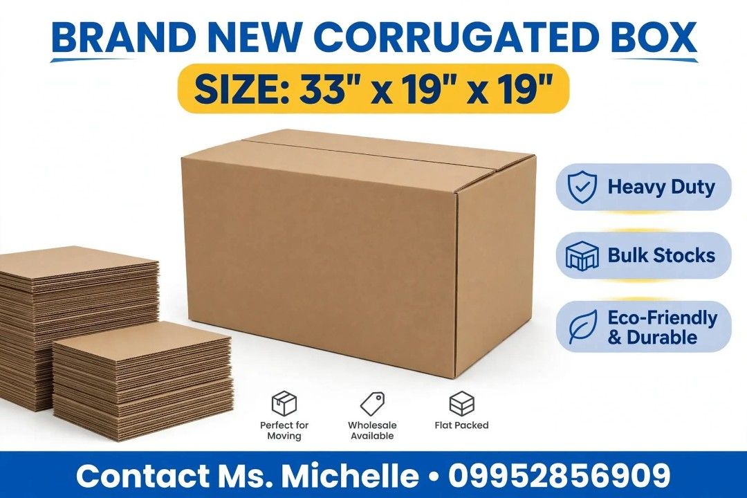 Brandnew Balikbayan box Big Size (Category: Looking For) located in Manila. Submitted by michelle1095 (Listing ID 1466083307, Image 1). Description: 📢‼️Brand New Corrugated Box 33" x 19" x 19" Large - Heavy Duty BRAND NEW CORRUGATED BOX SIZE: 33" x 19" x 19" (L x W x H) ON HAND! BULK STOCKS! ✔️ Brand New - Makapal ✔️ Heavy Duty & Matibay ✔️ Large Size - 33 x 19 x 19 inches ✔️ Flat Packed / Folded ✔️ Perfect for Moving, Storage, Shipping For Movi