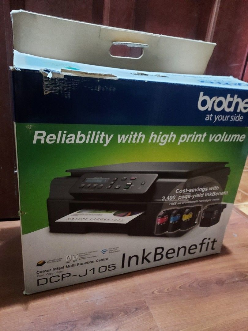 Brother DCP-J105 InkBenefit Multi-Function Printer (Category: Printers, Scanners & Copiers) located in Las Pinas. Submitted by jerri44 (Listing ID 1466155005, Image 1). Description: - Model: Brother DCP-J105 Colour Inkjet Printer - Features: Wireless printing, copying, and scanning - Includes: Original box - Condition: Untested for full functionality - Notice: Shows "See Troubleshoot" error on display screen - Ideal for parts, repair, or buyers w