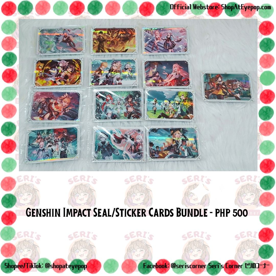 [BUNDLE - PHP 500] GENSHIN IMPACT Sticker/Seal from Bandai (Category: Character Goods) located in Las Pinas. Submitted by seriscorner (Listing ID 1466151495, Image 1). Description: [BUNDLE - PHP 500] GENSHIN IMPACT Sticker/Seal from Bandai fixed price ------Courier: SPX Xpress (sf c/o buyer) We accept payments via BDO, Maribank, GoTyme, and GCash..