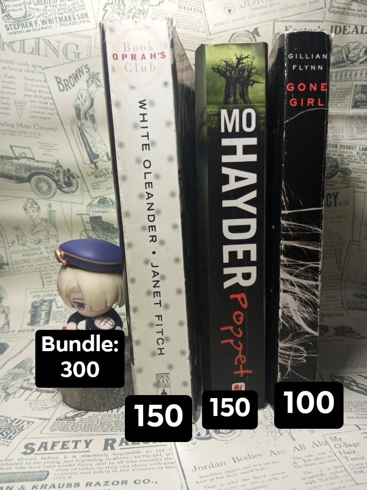 Bundle books (Category: Storybooks) located in Baguio. Submitted by pmv124 (Listing ID 1462571716, Image 1). Description: - Bundle of 3 books - Includes 'Poppet' by Mo Hayder - Includes 'White Oleander' by Janet Fitch - Includes 'Gone Girl' by Gillian Flynn - Great reads for book lovers - Selling as a set - Price: P300 for all three - Signs of use rfs: decluttering, dnf, need shelf space mop: gcash, maya mod: meetup, DA Baguio, jnt.