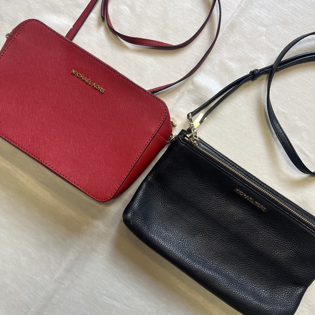 (BUNDLE) Michael Kors Crossbody Bag Bundle (Category: Cross-body Bags) located in Dasmarinas. Submitted by minx203 (Listing ID 1466103639, Image 2). Description: - Bundle includes: 2 Michael Kors crossbody bags - Bag 1: Bright red structured leather with gold lettering and adjustable strap - Bag 2: Textured black pebble leather with top zipper and detachable strap - Hardware: Premium gold-tone on both bags - Fit: Compact sizing, perfect for daily