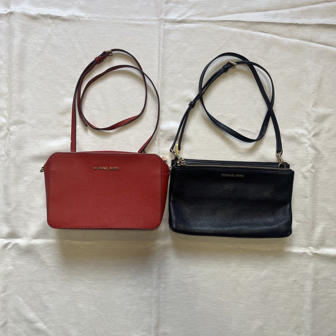 (BUNDLE) Michael Kors Crossbody Bag Bundle (Category: Cross-body Bags) located in Dasmarinas. Submitted by minx203 (Listing ID 1466103639, Image 1). Description: - Bundle includes: 2 Michael Kors crossbody bags - Bag 1: Bright red structured leather with gold lettering and adjustable strap - Bag 2: Textured black pebble leather with top zipper and detachable strap - Hardware: Premium gold-tone on both bags - Fit: Compact sizing, perfect for daily