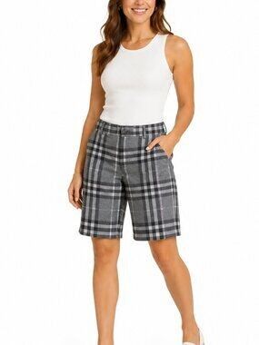 Burberry Check Pleated Shorts (Category: Shorts) located in Davao. Submitted by drayliii (Listing ID 1466064427, Image 1). Description: Burb nova checked short womens Size 27-28 Length 18 Excellent 480 add ship Davao city - Authentic Burberry check pattern in beige, red, and black - Mid-rise waist with belt loops and front button closure - Classic tailored fit ending right above the knee - Functional slanted side pockets and back welt pockets - V