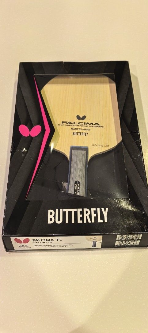 Butterfly Falcima FL Table Tennis Blade (Category: Racket and Ball Sports) located in Muntinlupa City. Submitted by starky_reyes (Listing ID 1465997400, Image 1). Description: - Brand: Butterfly - Model: Falcima FL (37111) - Made in Japan - Style: Offensive - Grip: Shakehand with Flare (FL) handle - Construction: All-wood, 5-ply - Condition: Original box included.