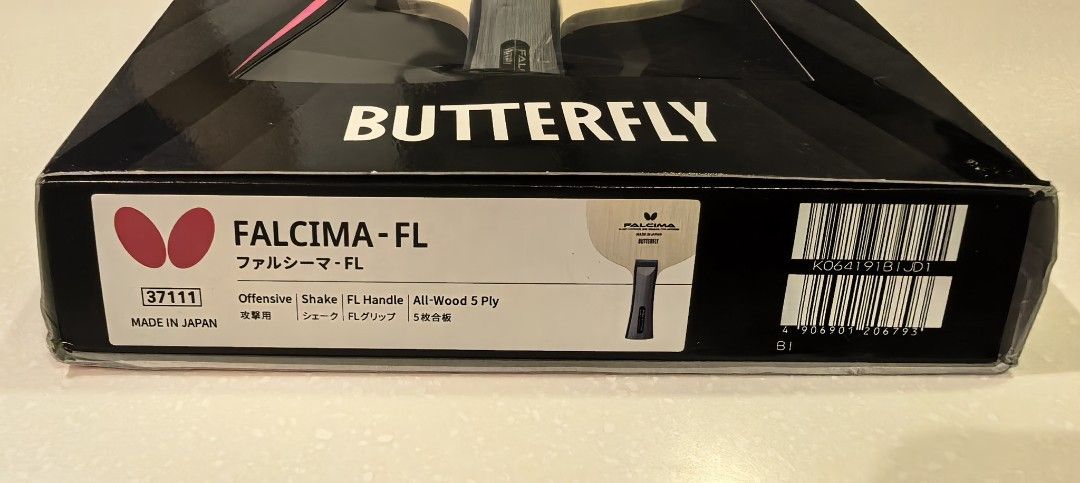 Butterfly Falcima FL Table Tennis Blade (Category: Racket and Ball Sports) located in Muntinlupa City. Submitted by starky_reyes (Listing ID 1465997400, Image 3). Description: - Brand: Butterfly - Model: Falcima FL (37111) - Made in Japan - Style: Offensive - Grip: Shakehand with Flare (FL) handle - Construction: All-wood, 5-ply - Condition: Original box included.