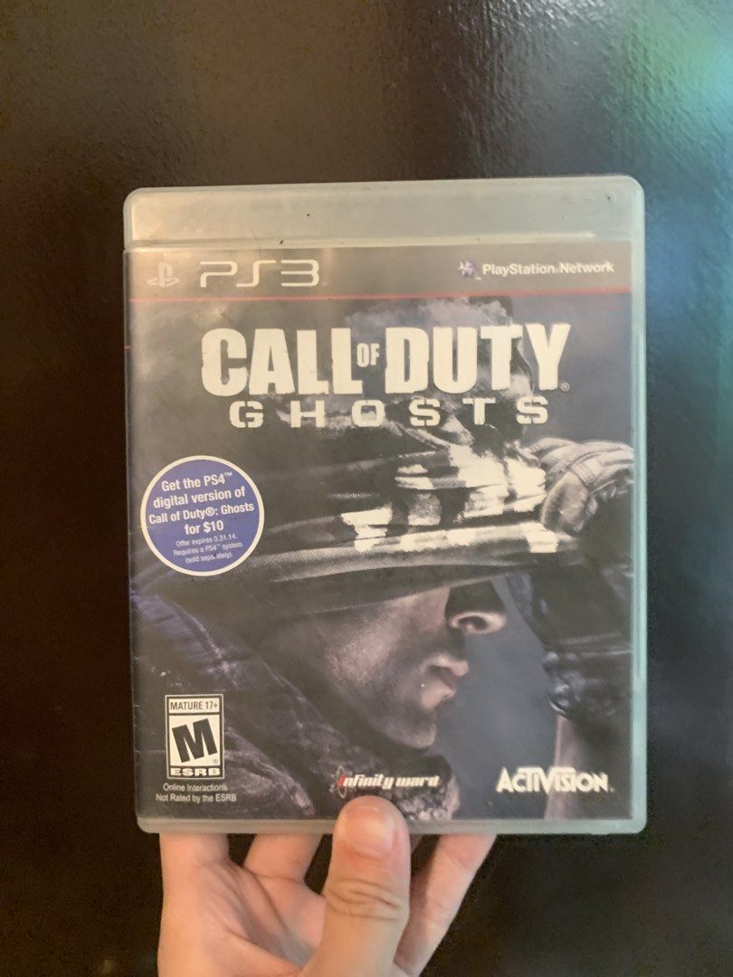 Call of Duty Ghosts for PS3 (Category: PlayStation) located in Manila. Submitted by oldbeamco. (Listing ID 1465967148, Image 1). Description: - Platform: PlayStation 3 (PS3) - Title: Call of Duty: Ghosts - Developer: Infinity Ward / Publisher: Activision - ESRB Rating: M for Mature - Condition: Complete with original game disc and standard plastic case - Special Feature: Includes front cover promotional sticker for the PS4 digital upgrade.