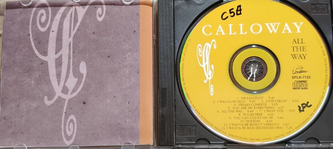 Calloway All The Way CD Album (Category: CDs & DVDs) located in Manila. Submitted by ruelcabrer77078 (Listing ID 1466138692, Image 3). Description: - Artist/Album: Calloway - All The Way CD - Release Year: 1994 (Unedisc) - Track Count: 12 tracks featuring hits like "I Wanna Be Rich" and "Sir Lancelot" - Packaging: Standard jewel case with original yellow face disc - Condition/Details: Tracklist and barcode visible on back cover - Perfect for: 90s