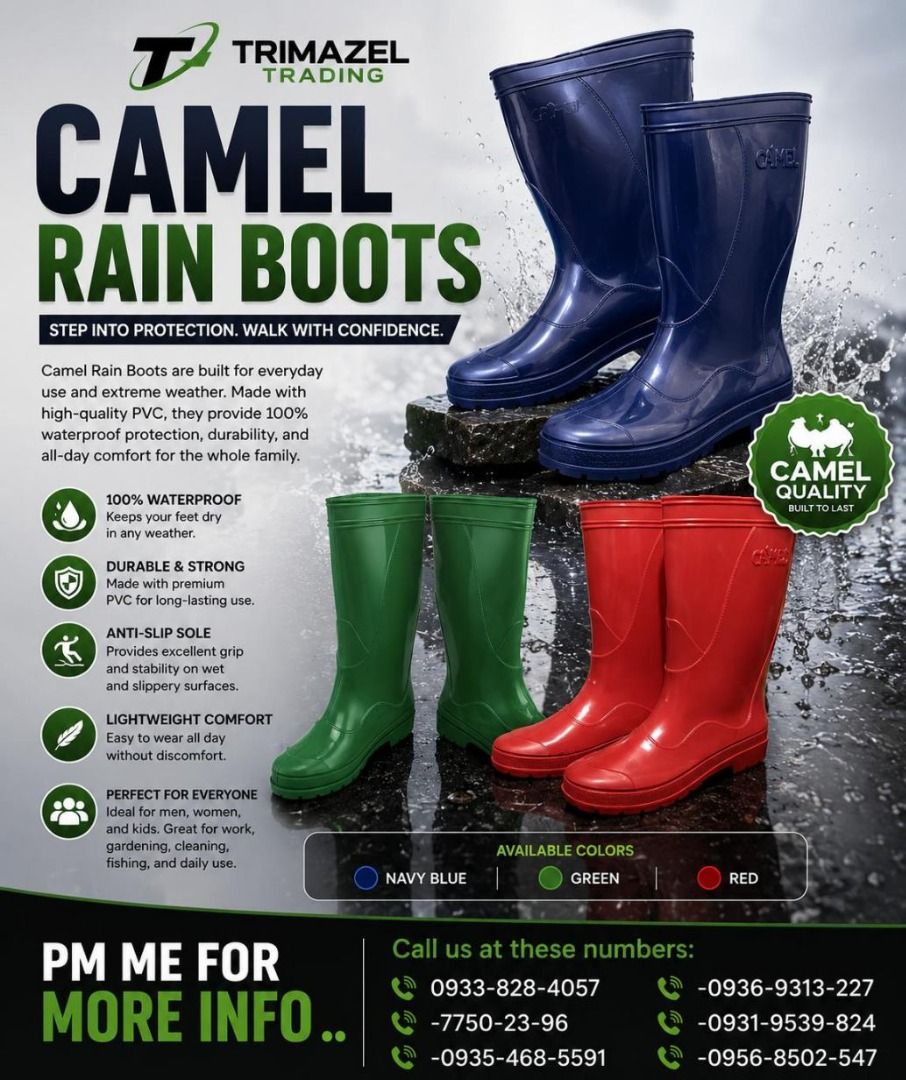 CAMEL RAIN BOOTS (Category: Looking For) located in Paranaque City. Submitted by buynowbilikanow (Listing ID 1466004391, Image 1). Description: ✅ Guaranteed lowest price ✅ Quality products ✅ Big discount for bulk orders ✅ 100% LEGIT TRUSTED SUPPLIER! ✅ With Complete Legal Documents ✅ BIR Registered We Supply All Kinds Of PPE Supplies, Raincoat, Hard Hat, Cooler Box, Plastic Trash Bin, Road Barriers, Kayak Boats, Crystal Kayak, Traffic Cone, T-Bol