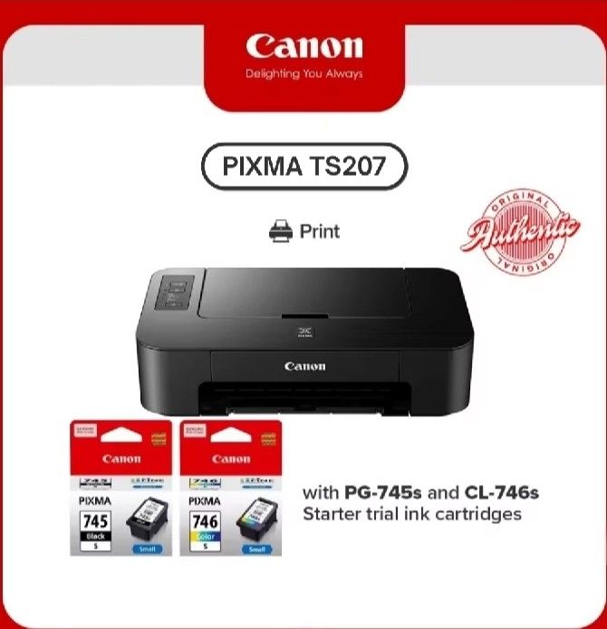 Canon PIXMA TS207 Printer (Category: Printers, Scanners & Copiers) located in Makati City. Submitted by smith_1 (Listing ID 1451473163, Image 2). Description: Highlights •PIXMA TS207 features a scratch and fingerprint-resistant surface, performing as well as it looks. •Print •ISO Standard print speed (A4): up to 7.7 ipm black / 4.0 ipm colour •Hi-speed USB 2.0 •Recommended monthly print volume: 10 - 80 pages •Ink Cartridges: PG-745S, CL-746S (Opt