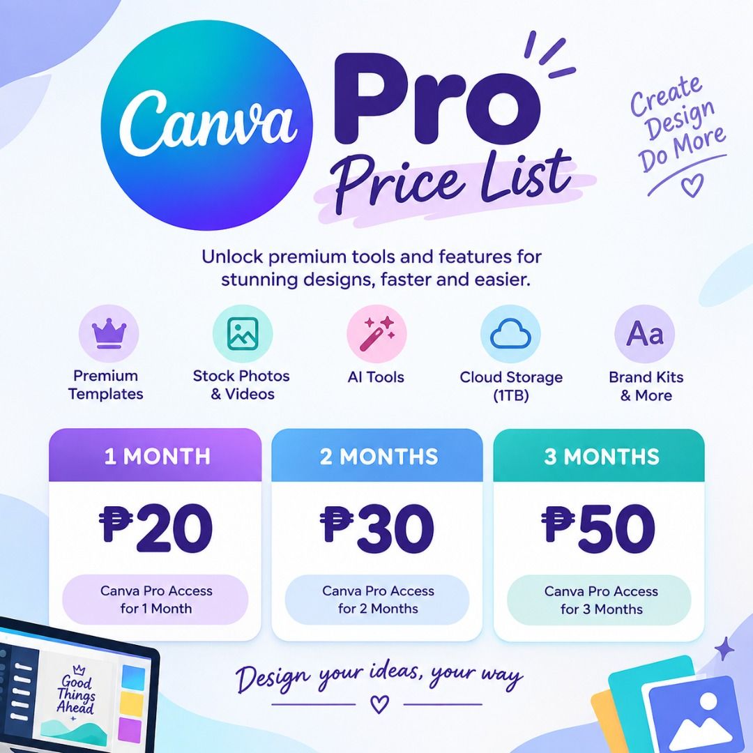 Canva Pro 1 Month Subscription (Category: Software) located in Polanco. Submitted by jennyceleg75295 (Listing ID 1466102155, Image 2). Description: - Product: Canva Pro 1-Month Subscription - Price: Only ₱20 for a full month - Features: Premium templates, advanced design tools, and cloud storage - Perfect for: Personal projects, school work, social media content, and business branding - How to order: Message us directly for details and instant ac