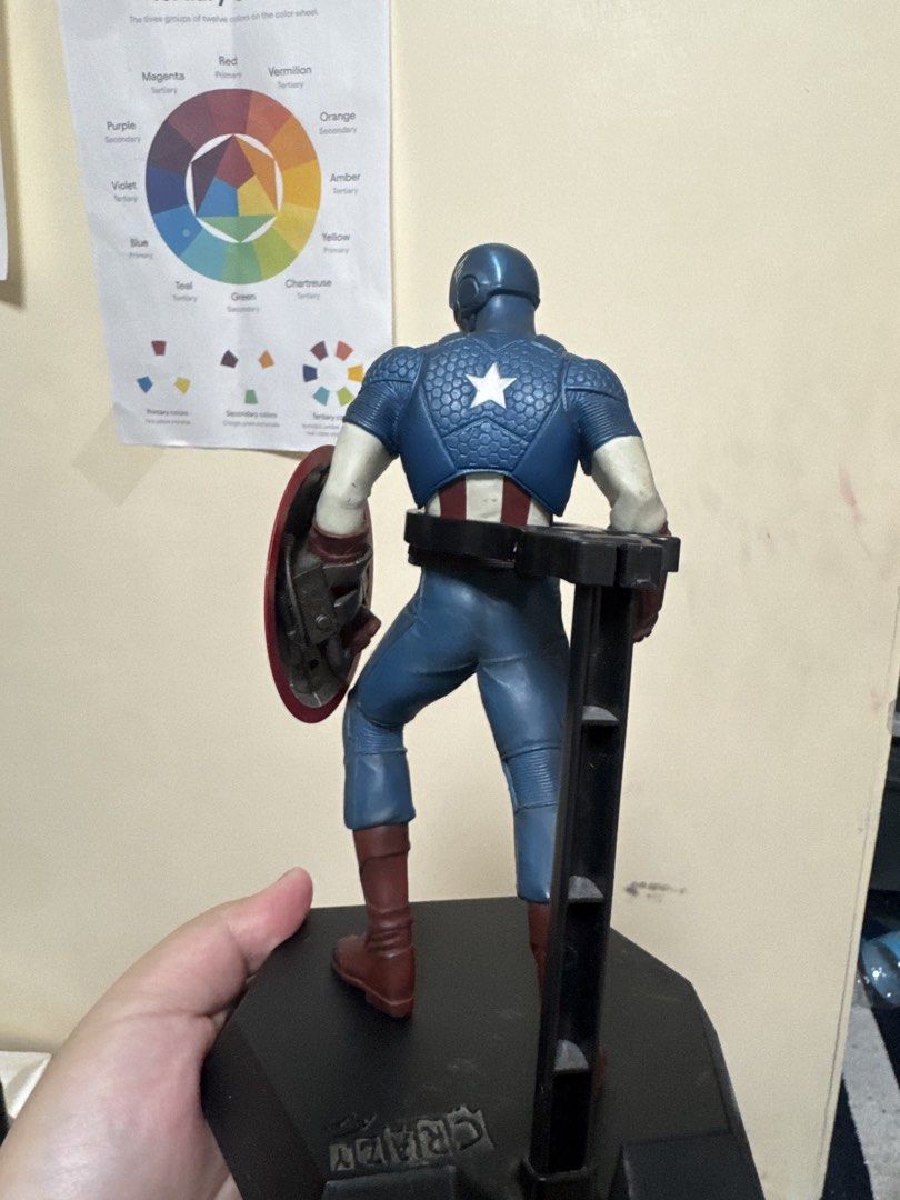 Captain America Figure with Shield and Base (Category: Figurines & Statues) located in Manila. Submitted by quintessesommerset (Listing ID 1465964066, Image 3). Description: - Figure: Captain America in his classic suit with detailed chest, shoulder texturing, blue trousers, and brown boots - Accessory: Iconic red, white, and blue star shield - Display: Includes a sturdy black hexagonal stand with a back support pillar - Condition: Stands upright