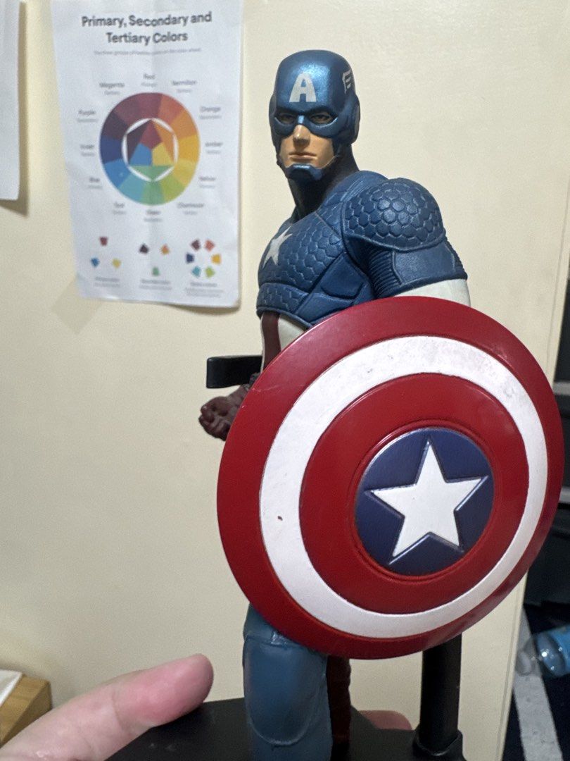 Captain America Figure with Shield and Base (Category: Figurines & Statues) located in Manila. Submitted by quintessesommerset (Listing ID 1465964066, Image 2). Description: - Figure: Captain America in his classic suit with detailed chest, shoulder texturing, blue trousers, and brown boots - Accessory: Iconic red, white, and blue star shield - Display: Includes a sturdy black hexagonal stand with a back support pillar - Condition: Stands upright