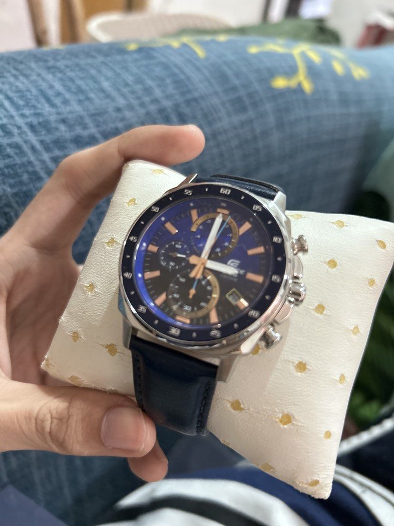 Casio Edifice Blue Chronograph Watch with Leather Strap (Category: Men's Watches) located in Manila. Submitted by lovely.453 (Listing ID 1465787161, Image 1). Description: - Brand: Casio Edifice Chronograph Watch WITH PAPERS AND BOX dm for details price is still negotiable - Dial & Bezel: Stunning blue dial with multi-sub-dials, date window at 3 o'clock, and matching blue minute-marked bezel - Case: Heavy-duty, premium silver-tone metal construct