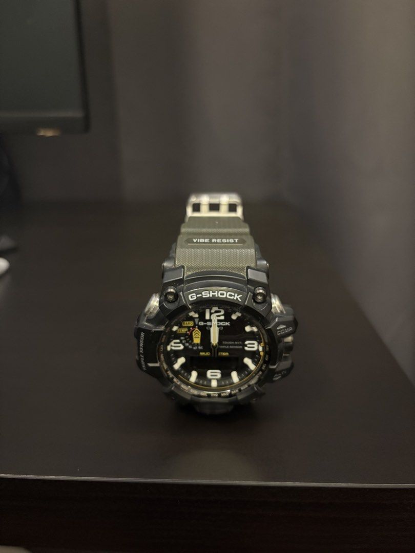 Casio G-Shock Mudmaster GWG-1000 (Category: Men's Watches) located in Paranaque City. Submitted by max_bully014 (Listing ID 1466007760, Image 2). Description: - Model: Casio G-Shock Mudmaster - Color: Olive green strap with stainless steel case back - Power: Tough Solar power (no battery changes needed) - Sensors: Triple Sensor technology (compass, altimeter, barometer, temperature) - Display: Analog-digital with clear 12, 3, 6, 9 markers - Condi